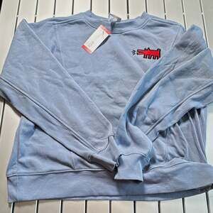 2 Piece Keith Haring Women's Blue Crew Neck Fleece Pullover Sweatshirt size M